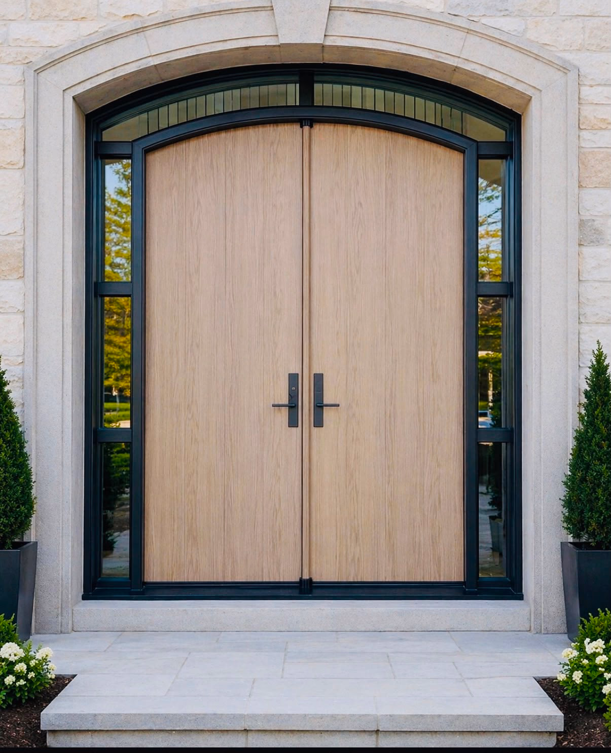 Light wood double entry doors framed by black sidelights and an arched transom